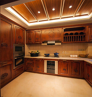 中式典雅厨房木制橱柜室内装修效果图