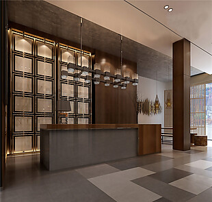 现代时尚酒店前台金色背景墙室内装修效果图
