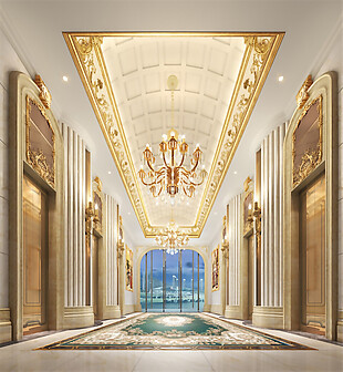 现代轻奢花纹地毯酒店大厅装修金色吊灯