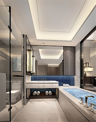 现代时尚大气浴室蓝色背景墙室内装修效果图