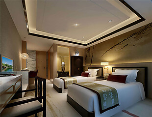 现代大气酒店双人床室内工装装修效果图