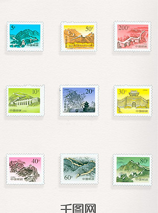 彩色长城邮票系列图案元素装饰