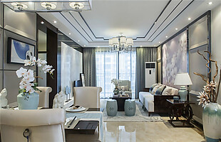 现代时尚亮色客厅方形吊灯室内装修效果图