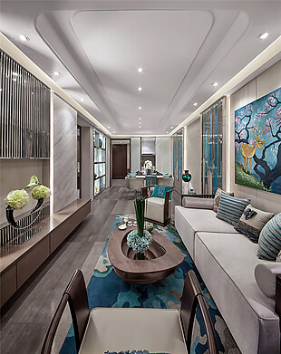 现代中式混搭蓝色彩绘地毯客厅室内装修图