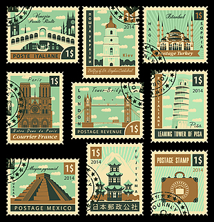 复古旅行建筑邮票插画