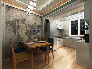 现代美式风格开放式厨房餐厅装修效果图