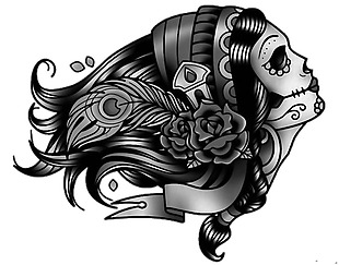 黑色美女骷髅艺术纹身免抠png透明素材