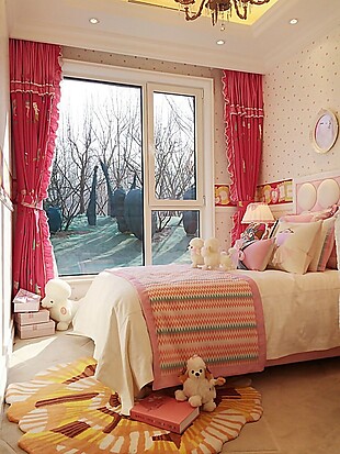 现代粉色公主风卧室艳红色窗帘室内装修图