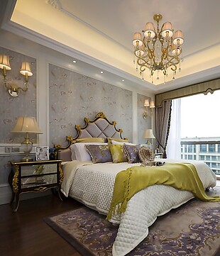 现代时尚卧室紫色花纹地毯室内装修效果图