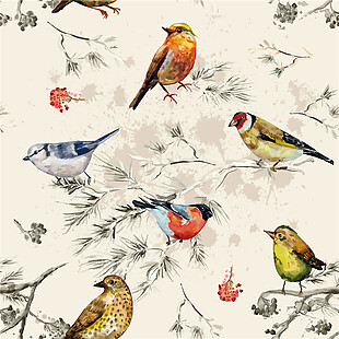 精致风格手绘鸟类壁纸图案装饰设计