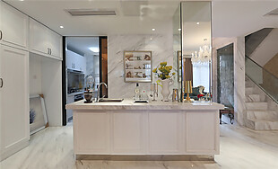 欧式白色调客厅开放式厨房装修效果图