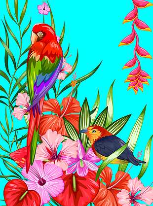 花从中彩色的小鸟插画