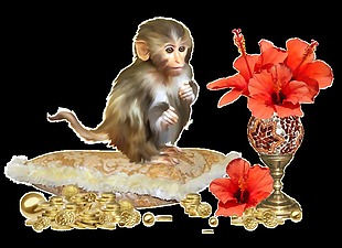 手绘可爱猴子鲜花png透明素材