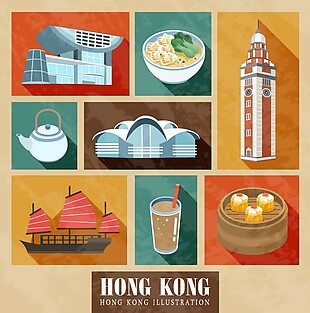 扁平创意香港建筑和美食插画