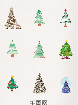 手绘水彩圣诞树元素
