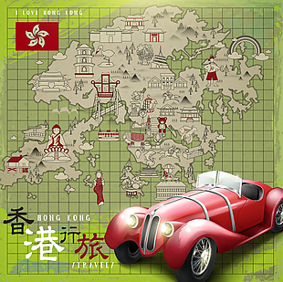 复古手绘香港旅行地图插画