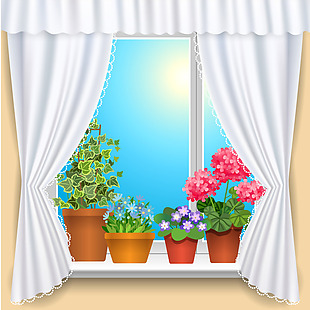 矢量窗帘窗台盘花背景素材