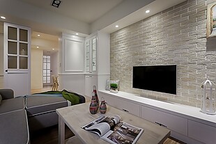 现代时尚客厅白色瓷砖背景墙室内装修效果图