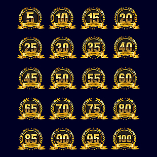 20款金色周年纪念数字标签矢量图