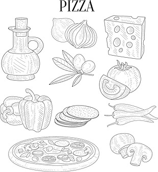 手绘线条披萨食材