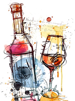 水彩绘红酒和红酒杯子插画