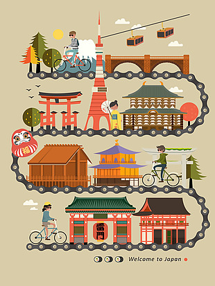 创意卡通日本旅行建筑插画