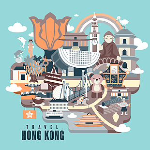 卡通时尚香港地标性建筑插画