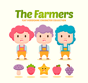 3款卡通农场游戏人物和4款水果矢量图