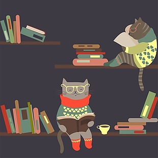 可爱卡通看书的小猫插画