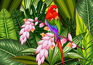 热带植物林里的小鸟插画