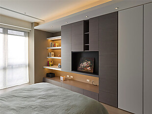 日式雅致卧室深色木制衣柜室内装修效果图