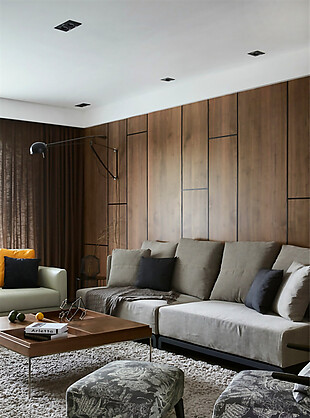 现代轻奢客厅灰色花纹凳子室内装修效果图