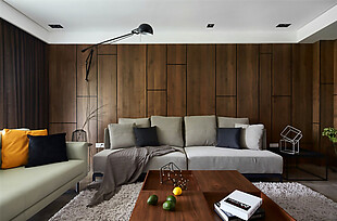 现代时尚轻奢客厅深色木制背景墙室内装修图