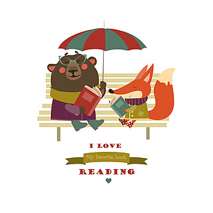 可爱的狐狸和滑稽的熊在长凳上看书