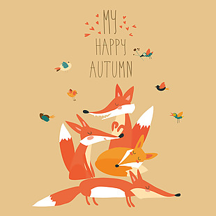 可爱的狐狸与鸟类矢量秋季插图