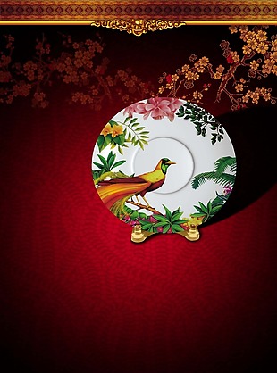 中国风陶瓷白色花鸟碟子psd源文件