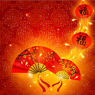 矢量中国风春节新年灯笼折扇背景