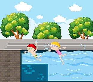 两个小孩在游泳池游泳