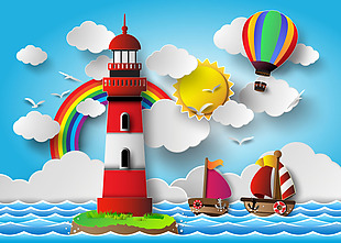 卡通大海上的灯塔和小船插画