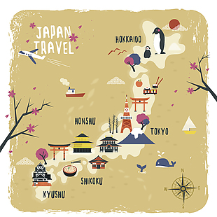 创意手绘日本旅行地图插画