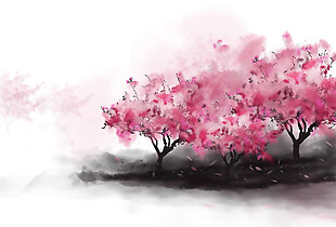 粉色水墨花树图案元素
