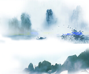 中国风蓝色水墨山水装饰元素