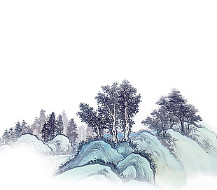 中国风淡蓝色山峰水墨山水装饰元素