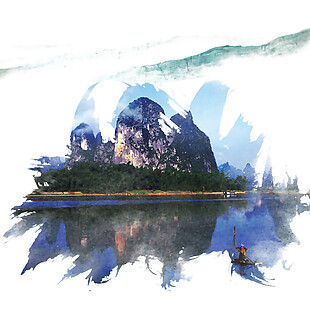 中国风镜面湖水墨山水装饰元素
