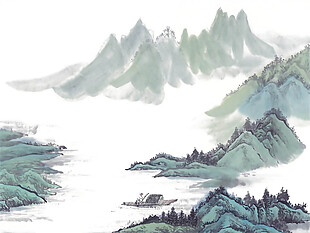 中国风青色山峰水墨山水装饰元素