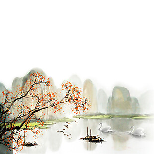 中国风橘色落叶水墨山水装饰元素