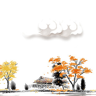 中国风秋季落叶水墨山水装饰元素