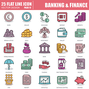 银行金融相关的扁平化线性图标
