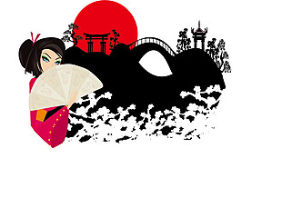 手绘酷炫黑色桥梁日本旅游装饰元素