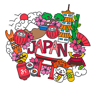 热情红色手绘日本旅游装饰元素